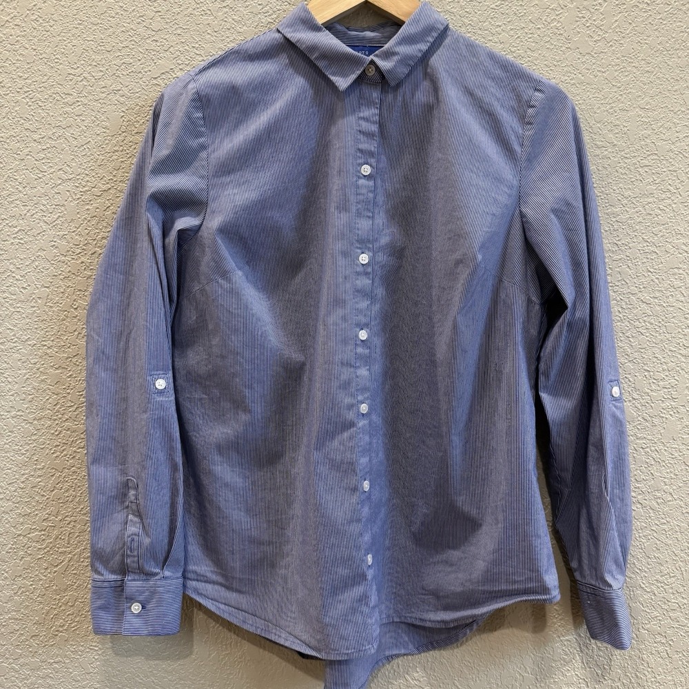 Blue White Stripe Button Up Shirt • Roll Tab • Career Classic Staple • APT. 9